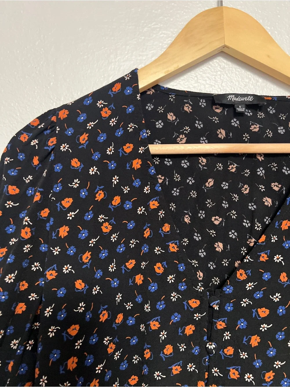 Madewell Flower Garden Floral Peplum Wrap Top Black Orange Blue Short Sleeve Sz4